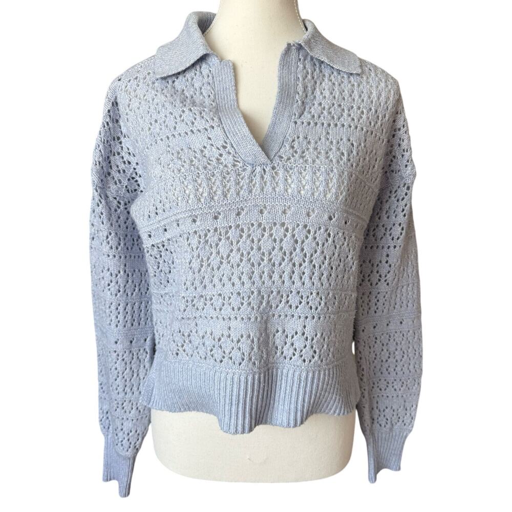 London Kaye Periwinkle Blue Knit Collared Sweater Women's Small Chic Eyelet